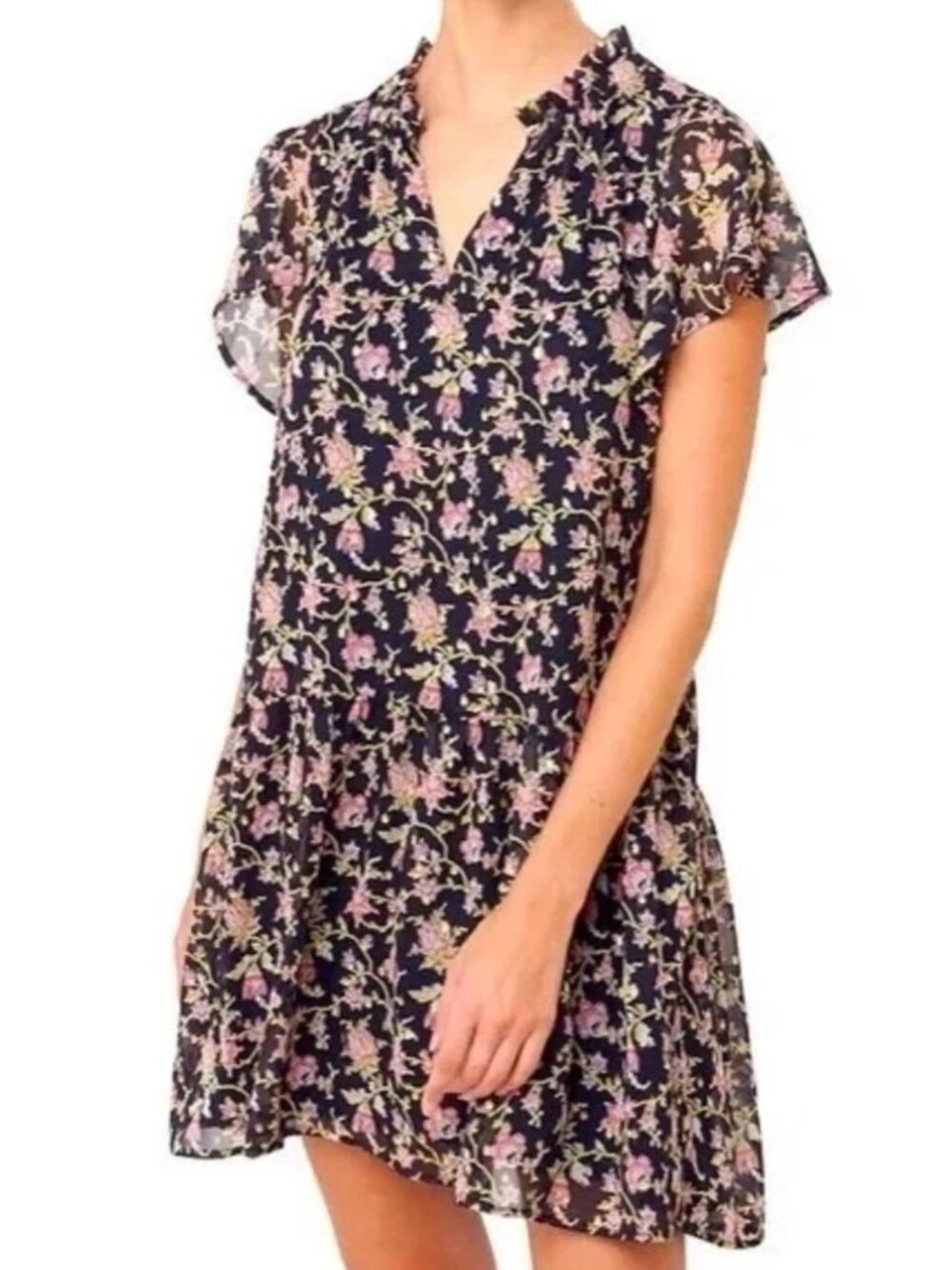 Loft Navy Blue Floral Ruffle Drop Waist Princess Dress NWT Size Medium